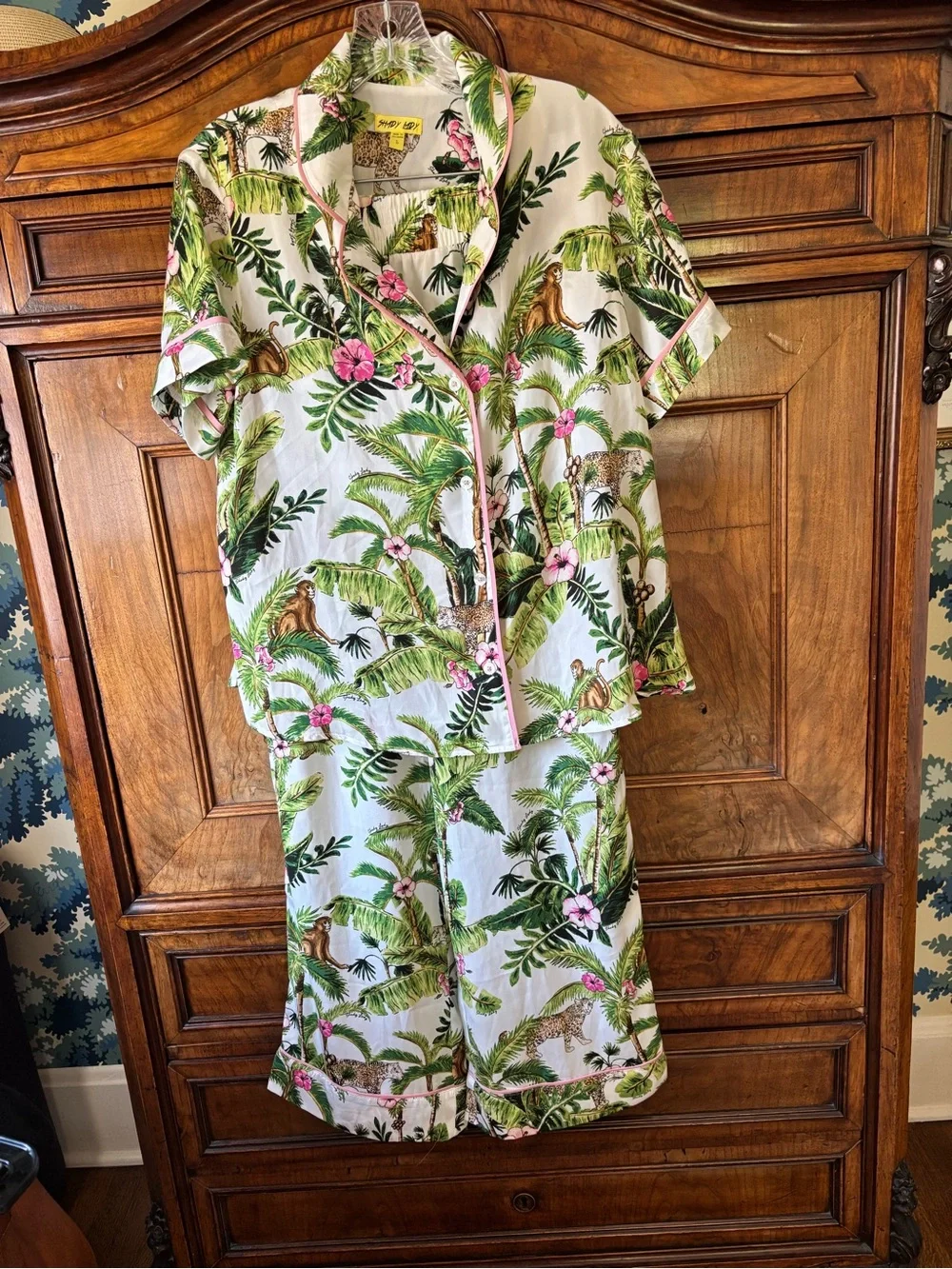 Shady Lady Tropical Pajama Set Monkeys & Palms & Hibiscus Flowers Women’s Large